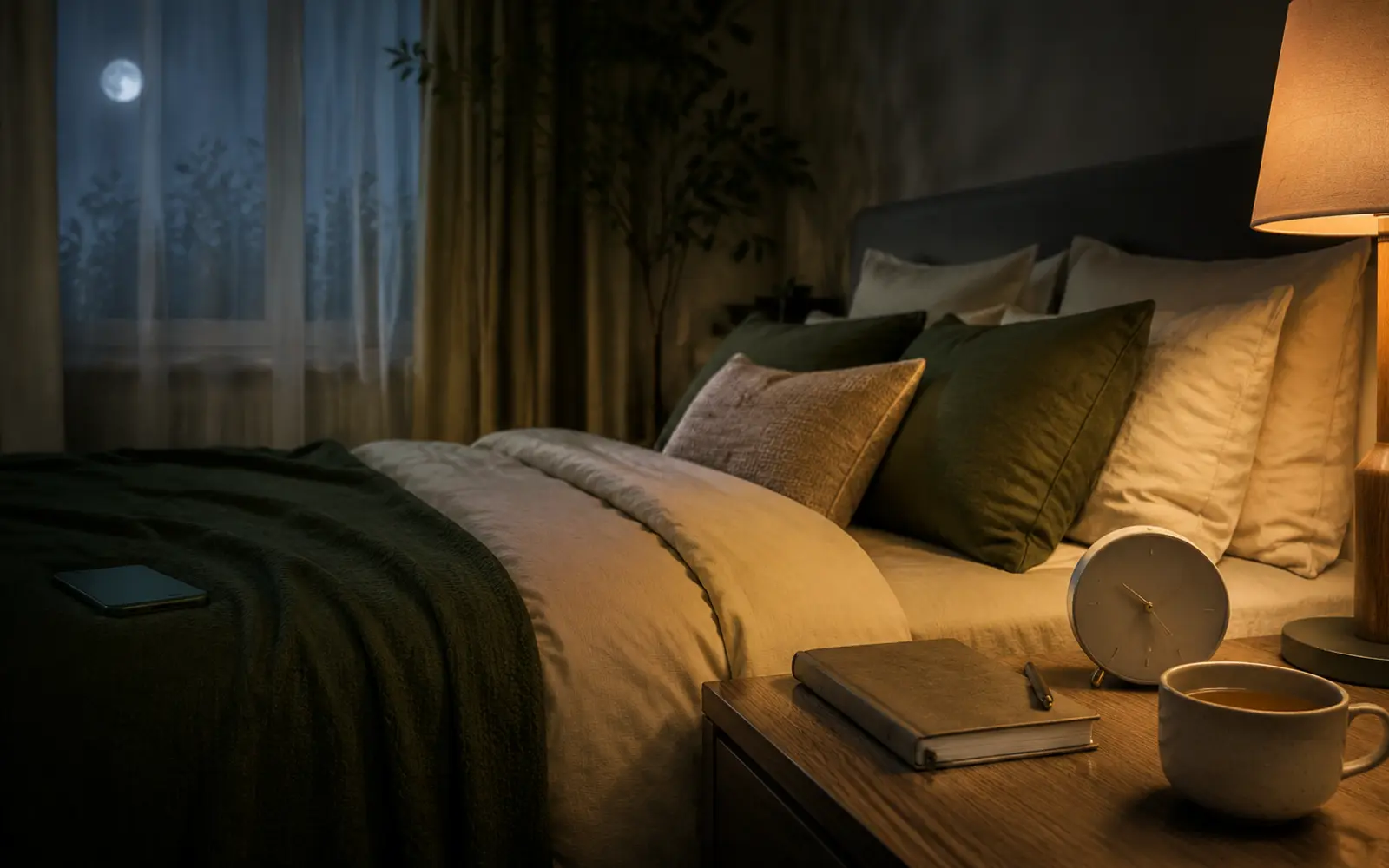 Quarto tranquilo à noite com cama preparada, diário, relógio e celular com a tela desligada