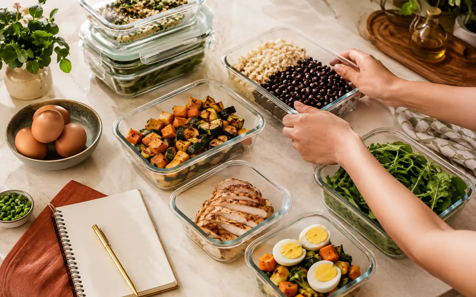Marmitas de vidro com arroz, feijão, vegetais e proteínas organizadas para o cardápio semanal