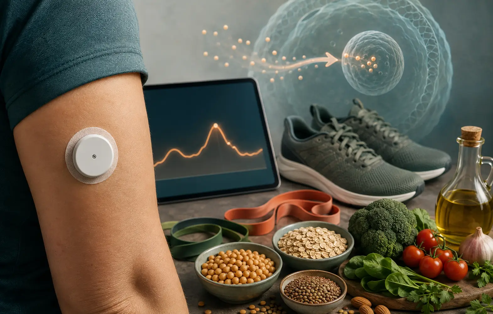 Monitor de glicose, atividade física e alimentos ricos em fibras representando prevenção do pré-diabetes